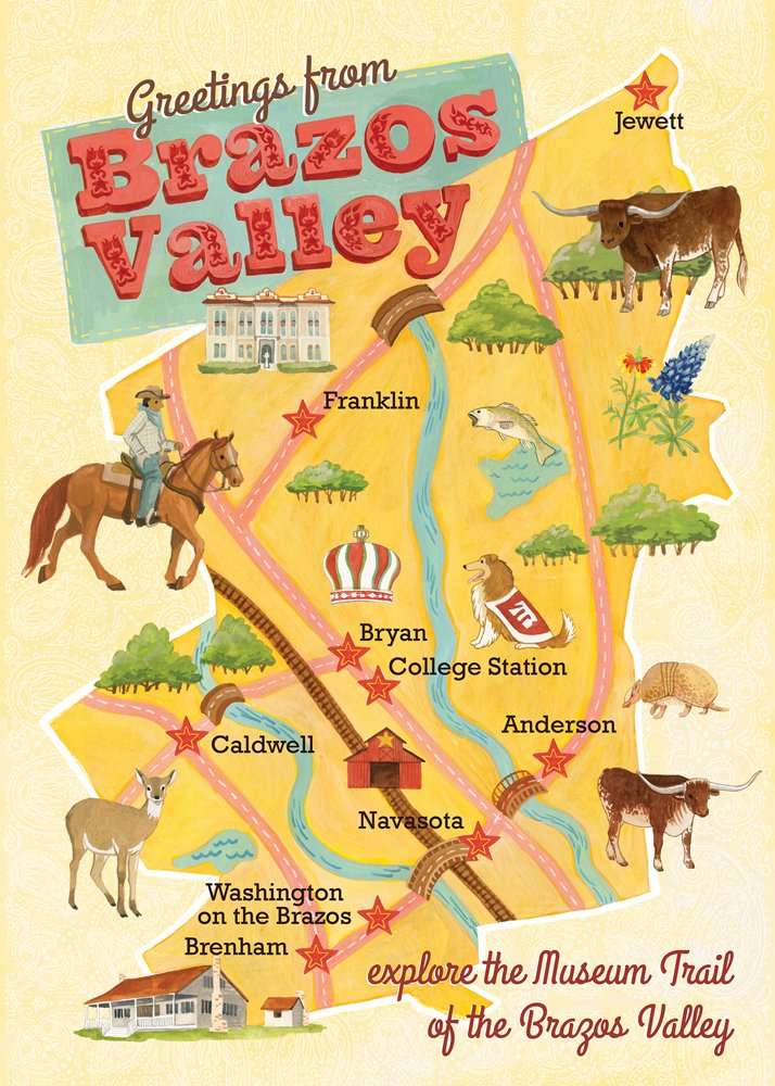 Museum Trail of Brazos Valley is an old-fashioned style map of the area of museums
